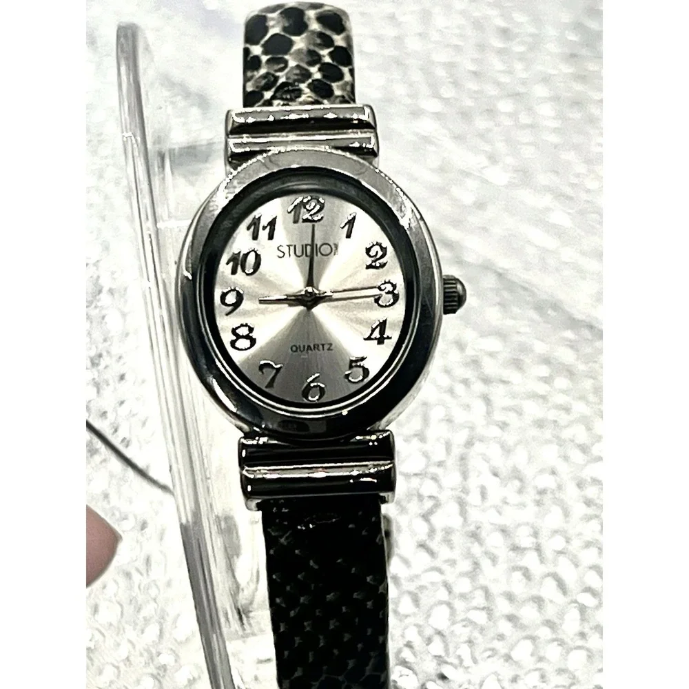 Studio Time Watch Women 24mm Case Faux Snake Skin Hinge Bangle Band- New Battery